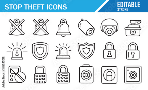 Collection of minimal security and anti-theft line icons