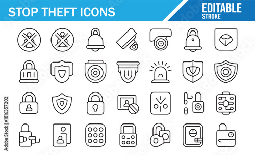 Anti-theft and security surveillance outline icon set