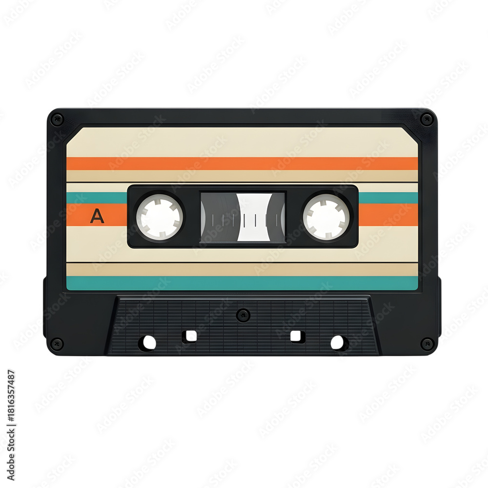 Fototapeta premium Retro cassette tape illustration with colorful stripes on a black background for nostalgic designs