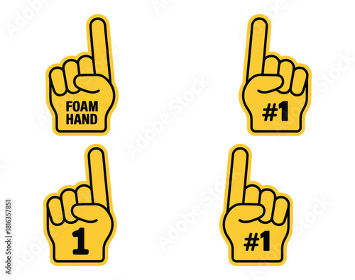 Foam Hand Number One Vector Illustration, Sports Fan Glove with Raised Finger, Victory Gesture, Champion Symbol, Cheering, and Support Icon Set
