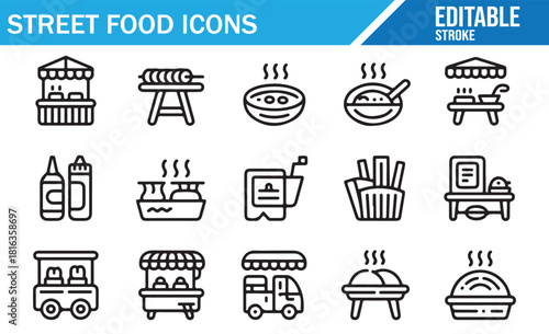Street vendor and food truck outline graphic symbol set