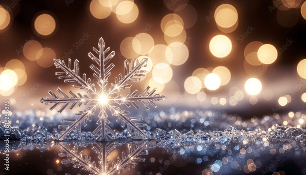 Fototapeta premium Sparkling crystal snowflake with a magical glow on an icy surface, surrounded by festive bokeh lights, capturing the essence of winter holiday joy