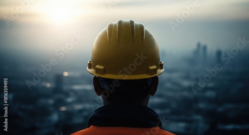 Construction worker in hard hat looks over a blurry cityscape at dawn, planning future.