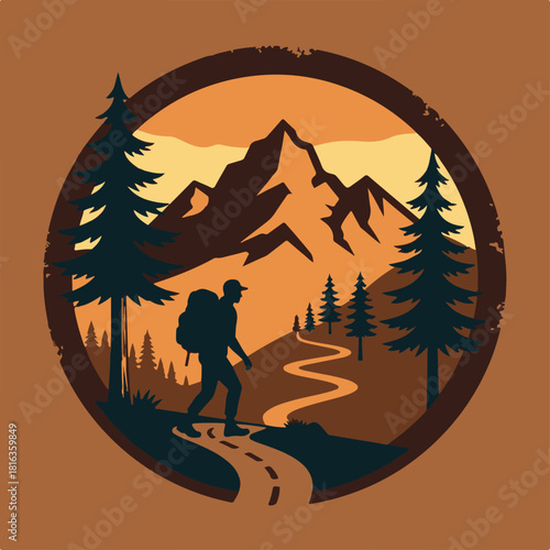 Vintage logo badge of person male trail hiking backpacker mountain pine forest and lake river with backpack. Rustic outdoor retro old emblem editable vector illustration