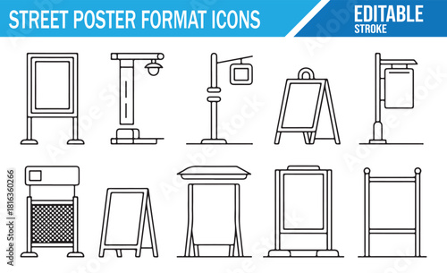 Graphic icon pack of urban advertising boards and stands