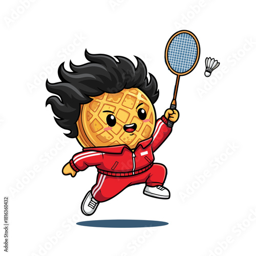 Waffle_Mascot_Playing_Badminton_Red_Tracksuit_Sport_Cartoon_Vector