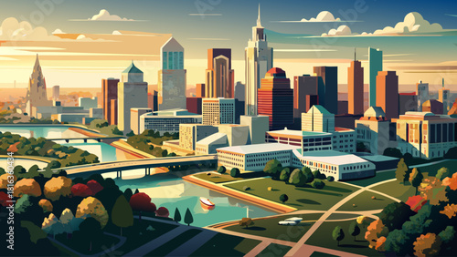 Very beautiful aerial view of Columbus, Ohio skyline from the south, captured via drone photography, highlighting modern high-rise buildings, the riverfront, and the city’s dynamic urban layout under 