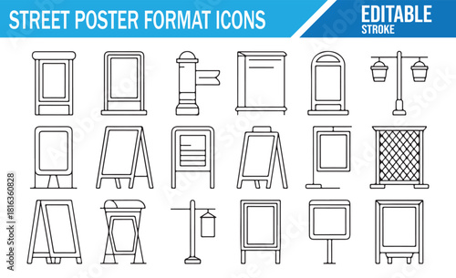 Outdoor street poster and signage outline icon collection