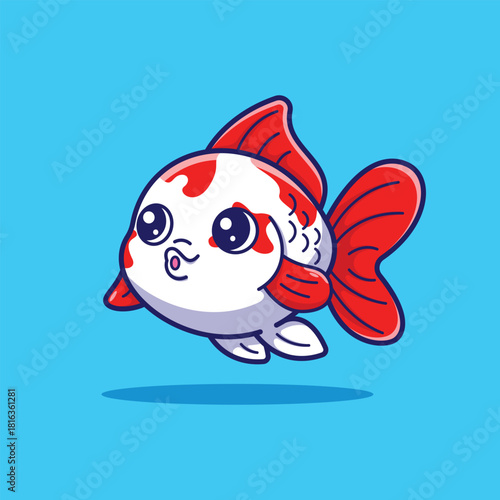 Cute Adorable Cartoon Koi Goldfish Vector Illustration Character with Red Fins and Pouting Lips. Aquatic Pet, Aquarium, Sea Life, and Funny Underwater Animal Concept.