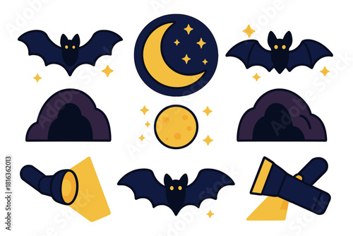 Flying bats, crescent moon, full moon, starry sky, dark caves, and bright flashlights