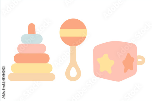 Pastel colored baby toys set including a stacking ring pyramid rattle and soft block