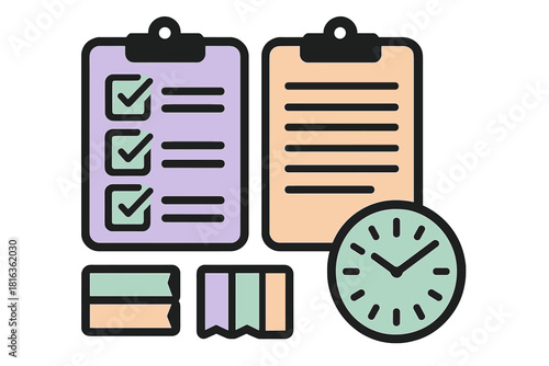 Set of business planning and task management symbols showing checklist, document, and clock