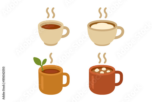 Assortment of steaming hot drinks in ceramic mugs including coffee, tea, and hot chocolate