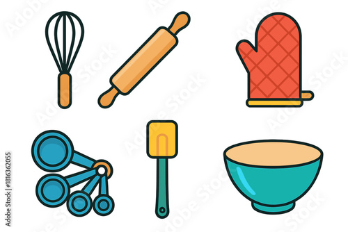 Essential kitchen baking tools collection featuring whisk, rolling pin, oven mitt, measuring spoons, spatula, and mixing bowl
