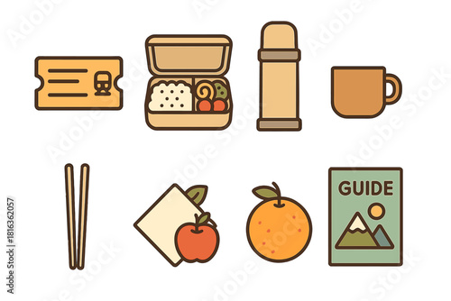 Collection of flat style icons representing essential gear for outdoor travel, hiking, and picnic lunch