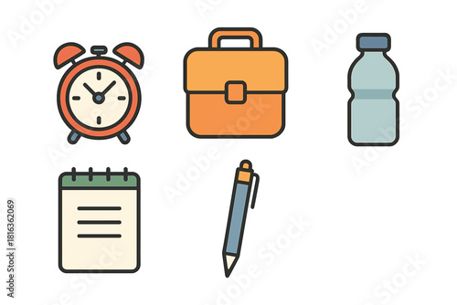 Set of essential daily routine objects including alarm clock briefcase water bottle notepad and pen