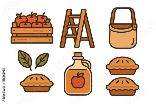 Autumn harvest elements featuring apples, wooden crate, ladder, basket, cider jug, and pies