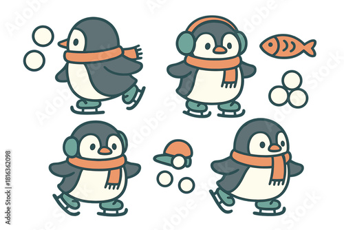 Adorable cartoon penguins wearing winter scarves and earmuffs while ice skating