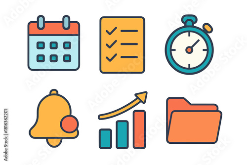Colorful symbols for scheduling tasks time management data analysis and document storage