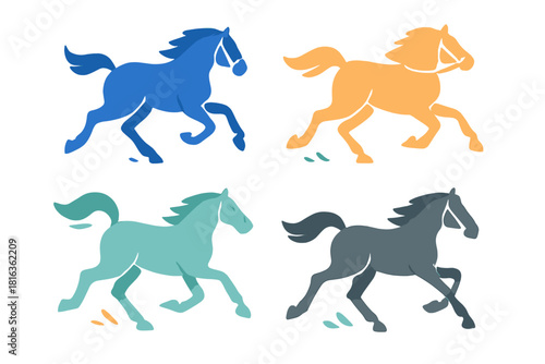Four colorful stylized horses galloping in motion isolated on a white background