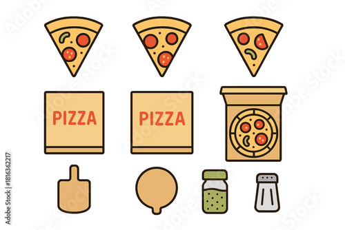 Set of flat design pizza icons featuring slices, delivery boxes, wooden peel, and seasoning shakers