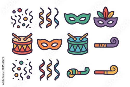 Colorful collection of carnival and Mardi Gras celebration elements including decorative masks, drums, confetti, and party horns