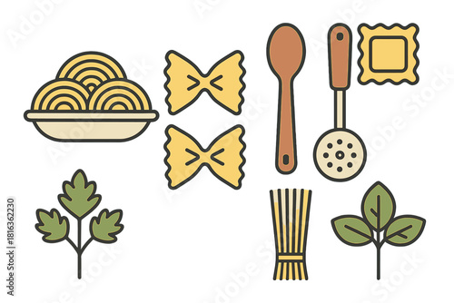Assortment of different pasta types, kitchen tools, and fresh culinary ingredients