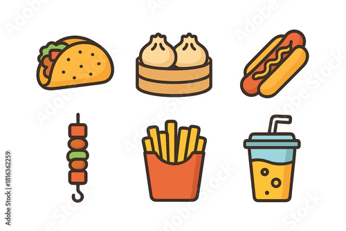 Popular quick service food items set including taco, hot dog, french fries, and dim sum