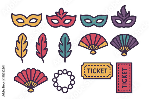 Colorful set of masquerade masks, decorative feathers, folding fans, and event tickets