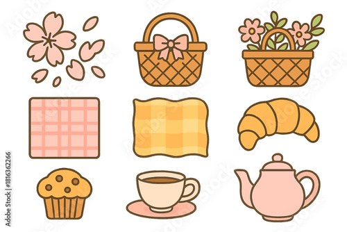 Collection of cute spring picnic and tea time elements including food, drink, baskets, and flowers