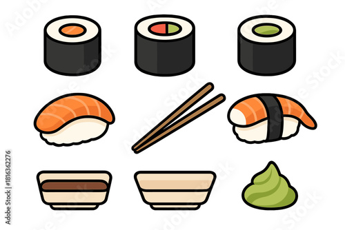 Collection of Japanese sushi rolls, nigiri, chopsticks, and dipping bowls