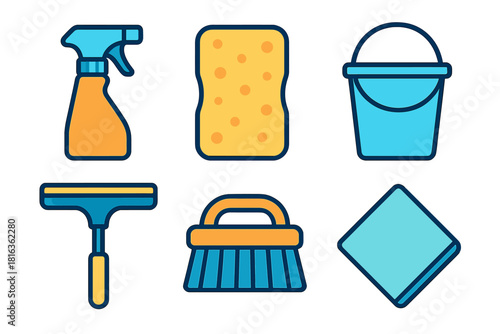 Set of essential household cleaning supplies including spray bottle, sponge, bucket, and scrub brush