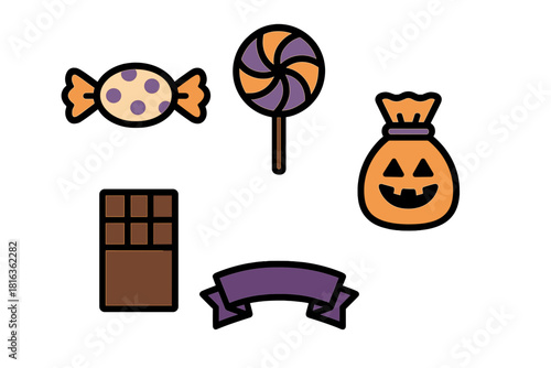 Halloween treats including wrapped candy, lollipop, chocolate bar, and pumpkin bag