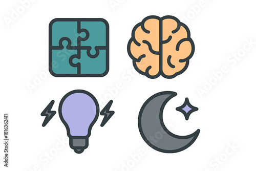 Puzzle piece, human brain, lightbulb, and crescent moon with star conceptual symbols