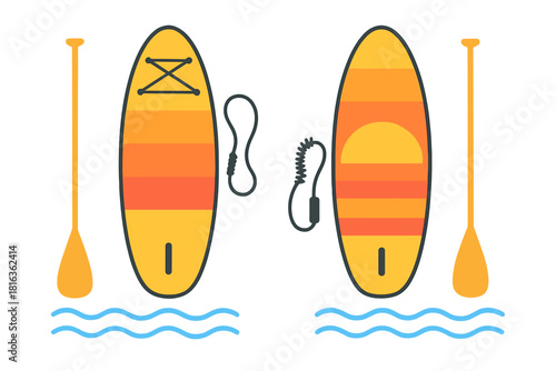 Colorful stand up paddle boards, paddles, and safety leashes for summer water sports