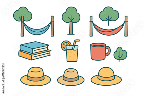 Collection of outdoor leisure icons: hammocks, reading, beverages, and sun protection hats