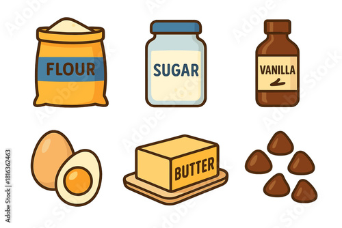 Assortment of essential baking ingredients including flour, sugar, eggs, and butter