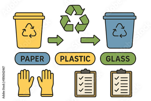 Waste sorting process with recycling bins for paper, plastic, and glass materials
