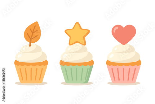 Three colorful sweet cupcakes decorated with whipped cream and various toppers