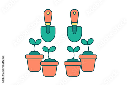 Symmetrical arrangement of gardening trowels and small potted seedlings ready for planting