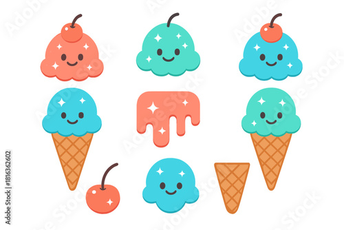 Adorable set of smiling ice cream scoops waffle cones and sweet dessert toppings in bright colors