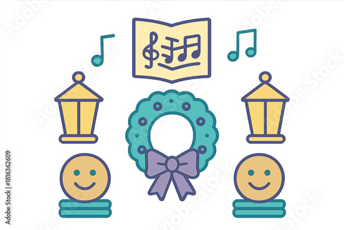 Christmas holiday icon set featuring a festive wreath, lanterns, sheet music, and smiling faces