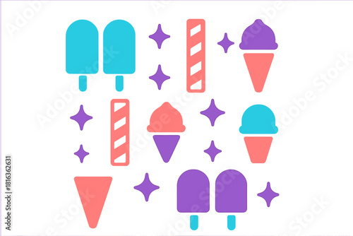 Vibrant geometric icons of popsicles, ice cream cones, and sweet candy bars assortment