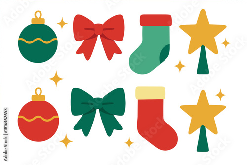 Christmas holiday symbols set with festive ornaments, decorative bows, stockings, and star tree toppers