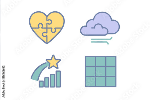 Conceptual icons set featuring puzzle heart, windy cloud, success chart, and grid layout design