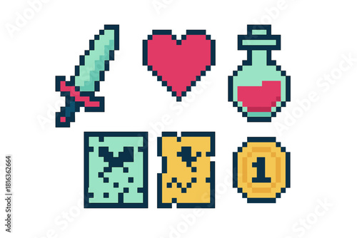 Retro pixel art video game items collection featuring sword, heart, potion, map, and coin
