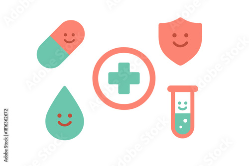 Cute friendly health and medical icons set featuring pill, shield, cross, and test tube symbols