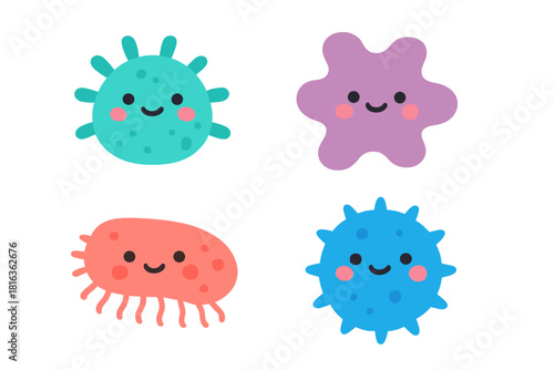 Smiling cartoon microorganisms set including bacteria, virus, and amoeba shapes
