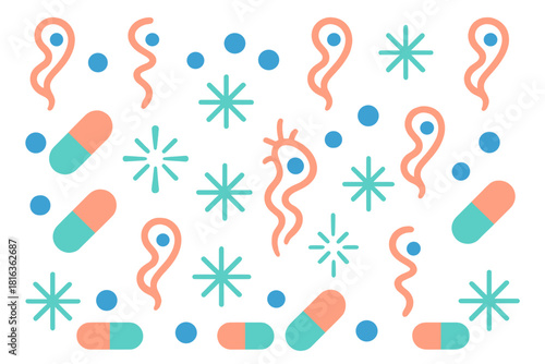 Seamless abstract medical pattern featuring stylized germs, microorganisms, and pharmaceutical capsules