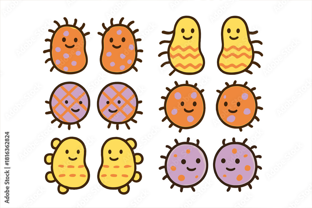 Obraz premium Adorable colorful smiling microbes and pathogens collection for science and health design